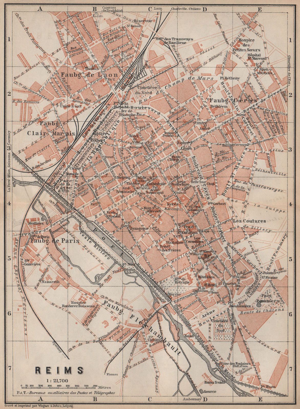 REIMS antique town city plan de la ville. Marne carte. BAEDEKER 1905 old map